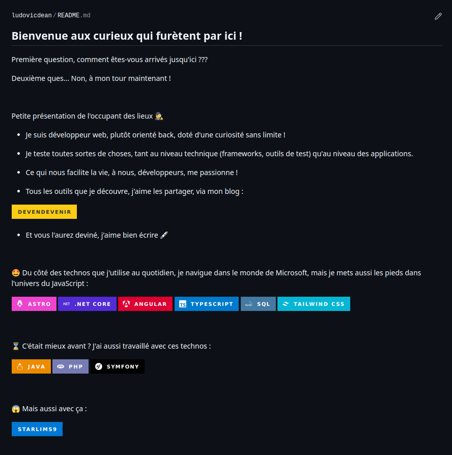 Profil Github personnalisé avec des badges.