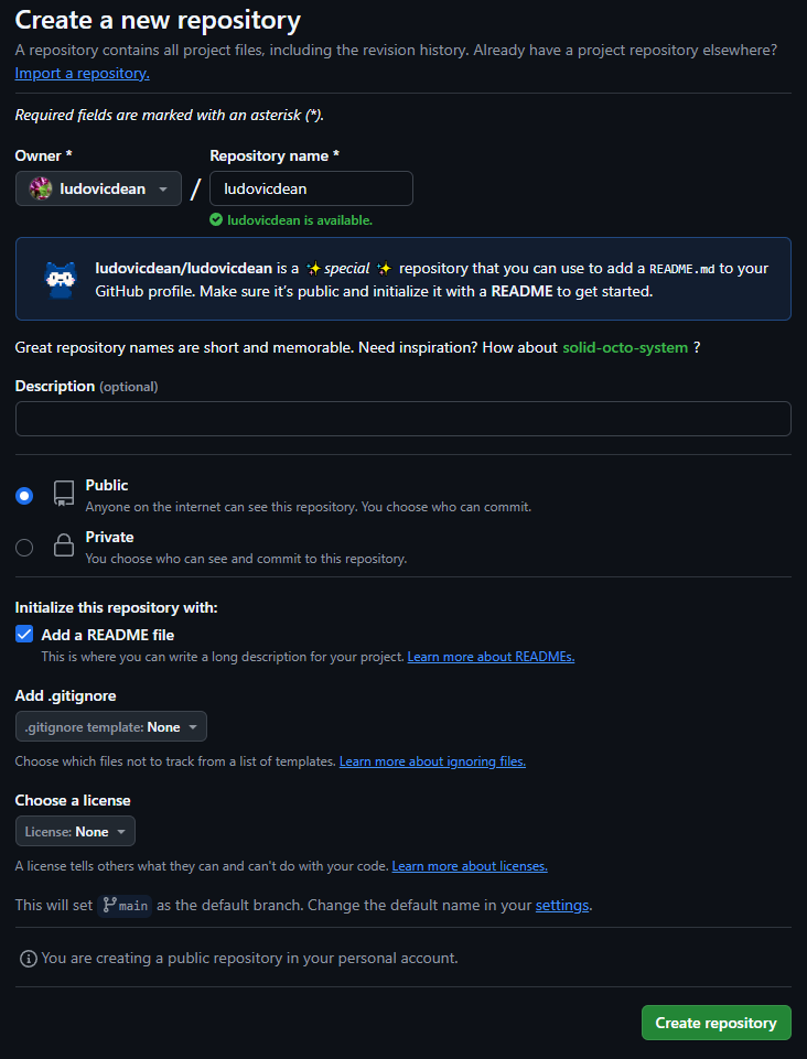 Page de création d'un repository Github