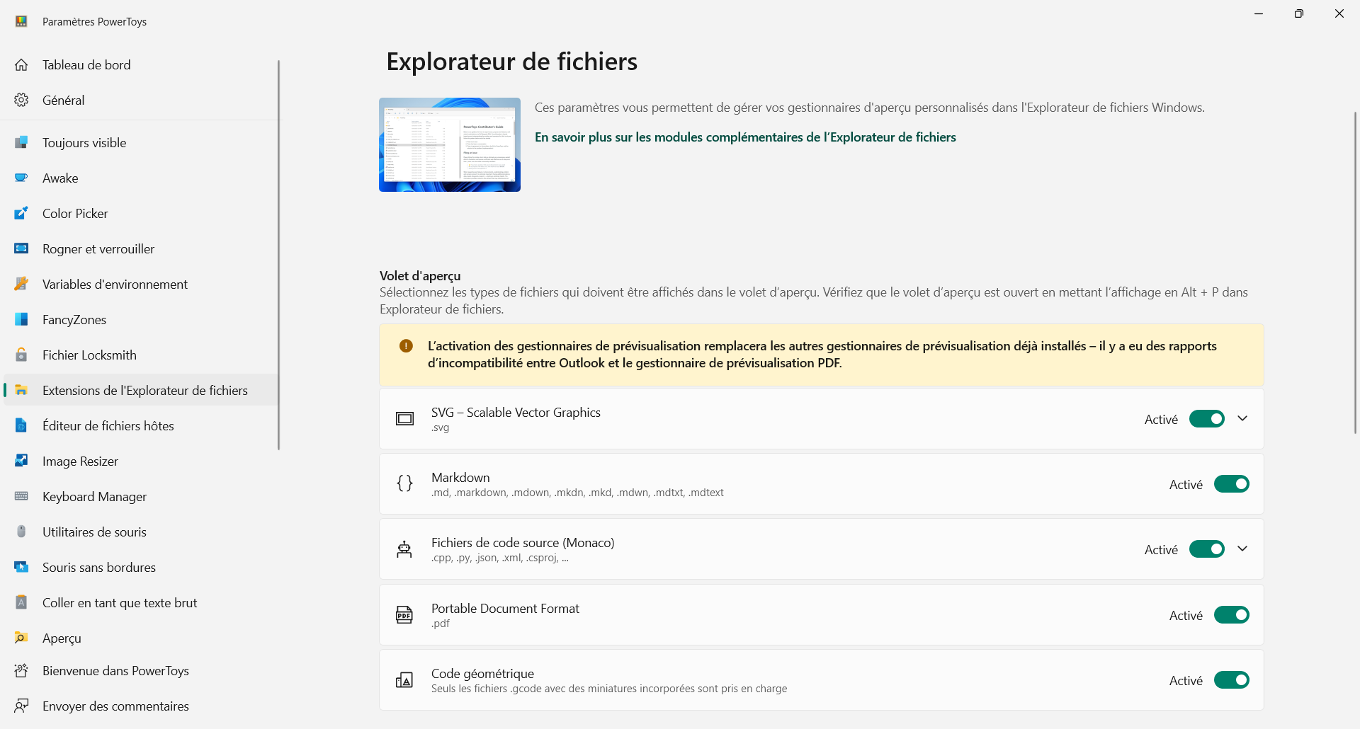 Paramétrage des extensions de l'explorateur de fichiers Windows